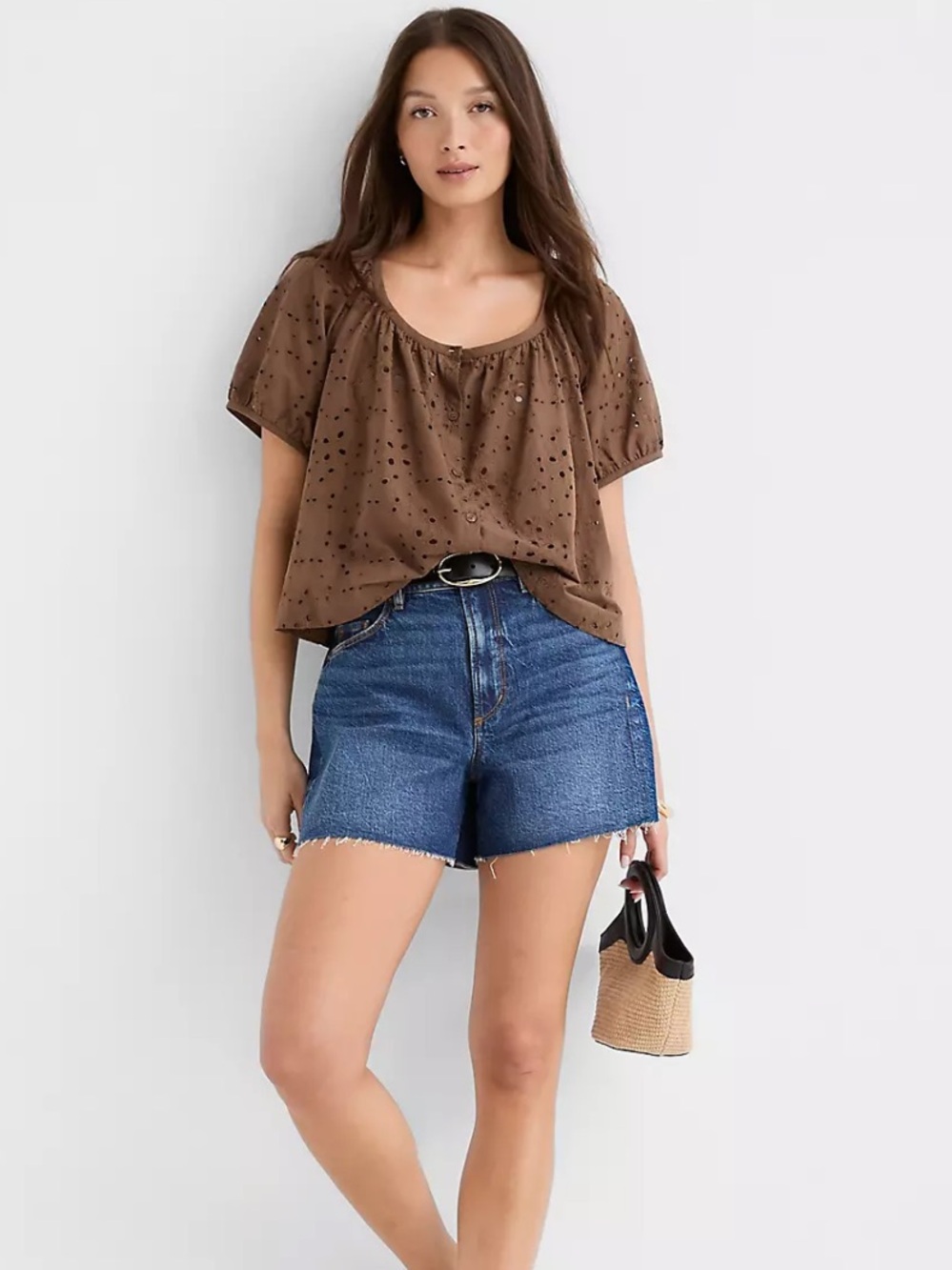 New LOFT Eyelet Puff Sleeve Scoop Neck Blouse Size Large